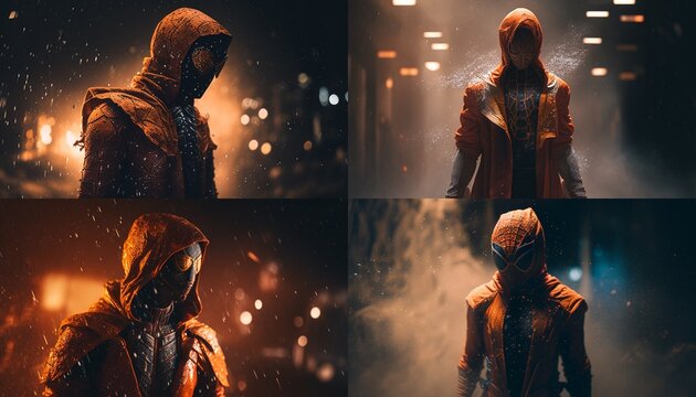 Cinematic photograph of a man in a hood with high detail, orange in color, generative AI