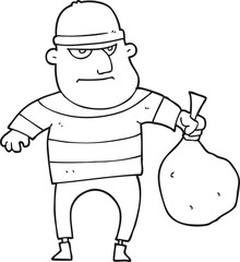 black and white cartoon burglar with loot bag