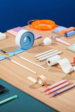 neatly organised objects on desk