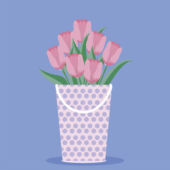 Watercolor pink tulips bouquet in tin bucket isolated on white background. Spring flowers. Card for Mothers day, 8 March