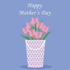 Watercolor pink tulips bouquet in tin bucket isolated on white background. Spring flowers. Card for Mothers day, 8 March, wedding.