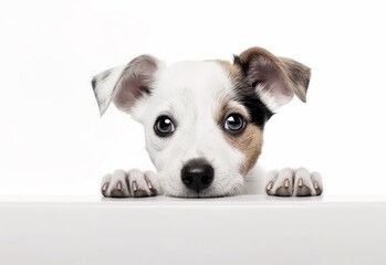 Adorable Jack Russell Terrier Puppy Peeking Out from Behind White Table with Copy Space, Isolated on White Background. Generative AI.