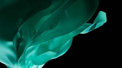 Mystic 3d rendering of a floating drapery. Green, emerald elegant folds, natural, soft swirls. Dynamic cloth wavy flow. Textile on black dark background