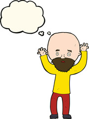 cartoon bearded man panicking with thought bubble