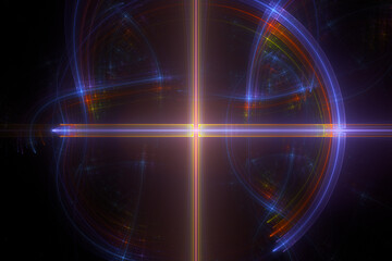 Orange purple pattern of curved shapes and rays on a black background. Abstract fractal 3D rendering