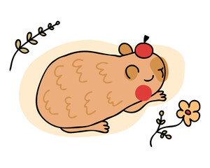Hand drawn sleepy capybara in doodle style. Perfect for tee, stickers, poster, card. Isolated vector illustration for decor and design.