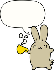 cute cartoon rabbit drinking coffee and speech bubble