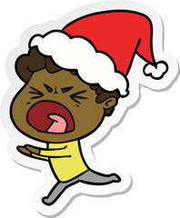 sticker cartoon of a furious man wearing santa hat
