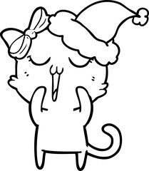 line drawing of a cat wearing santa hat