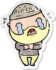 distressed sticker of a cartoon bearded man crying