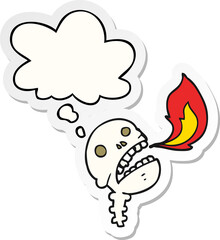 cartoon spooky halloween skull and thought bubble as a printed sticker