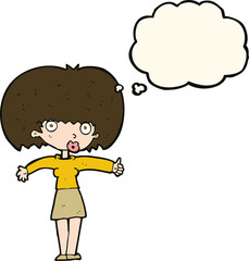 cartoon woman giving thumbs up symbol with thought bubble