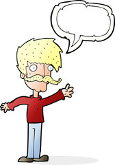 cartoon waving mustache man with speech bubble