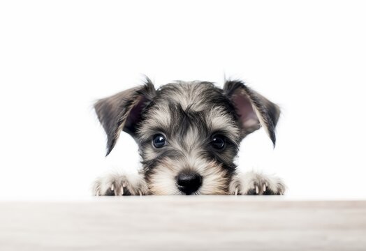 Adorable Miniature Schnauzer Puppy Peeking Out from Behind White Table with Copy Space, Isolated on White Background. Generative AI.