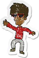 retro distressed sticker of a cartoon waving cool guy