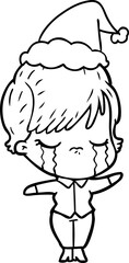 line drawing of a woman crying wearing santa hat