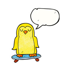 speech bubble textured cartoon bird on skateboard