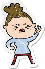 distressed sticker of a cartoon angry woman