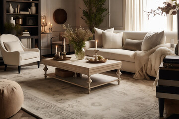 A cozy living room with a neutral color palette, featuring a plush sofa, a coffee table with decorative books and candles, and a statement rug