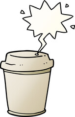 cartoon takeout coffee cup and speech bubble in smooth gradient style