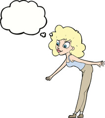 cartoon woman reaching to pick something up with thought bubble