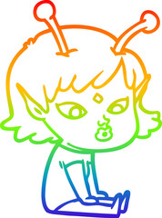 rainbow gradient line drawing pretty cartoon alien girl
