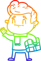 rainbow gradient line drawing happy cartoon man with gift