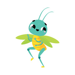 Cute jumping grasshopper. Funny insect cartoon character vector illustration