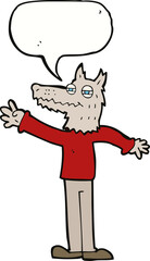 cartoon waving wolf with speech bubble