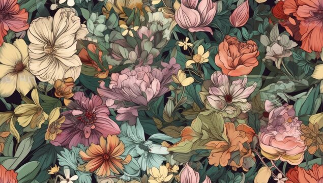 Floral summer seamless pattern. Luxurious baroque garden flowers and butterfly. Peonies flowers and leaves. Luxury background for textiles, wallpaper, paper. Vintage illustration.