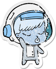 distressed sticker of a cartoon pretty astronaut girl