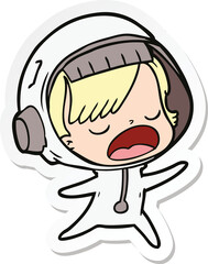 sticker of a cartoon talking astronaut woman