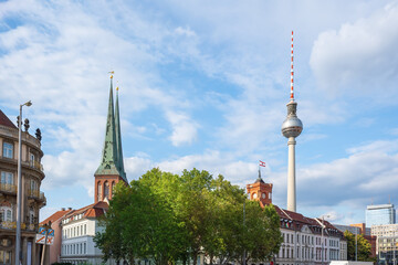 Berlin Mitte Skyline with TV Tower (Fernsehturm) , Berlin City Hall (Rotes Rathaus) and St. Nicholas Church - Berlin, Germany © diegograndi