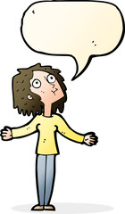 cartoon curious woman looking upwards with speech bubble