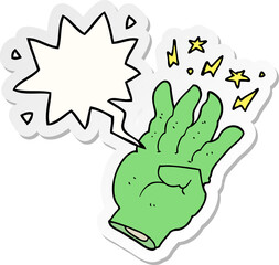 cartoon spooky magic hand and speech bubble sticker