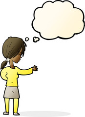 cartoon woman gesturing with thought bubble
