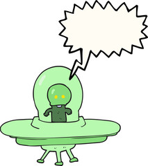 speech bubble cartoon alien in flying saucer
