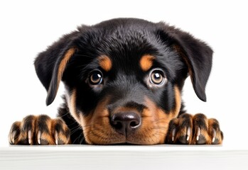 Adorable Rottweiler Puppy Peeking Out from Behind White Table with Copy Space, Isolated on White Background. Generative AI.