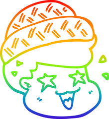 rainbow gradient line drawing cartoon boy wearing hat