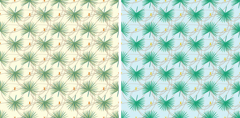 seamless pattern of palm leaves, creepers and threads, summer, greenery, bright pattern.