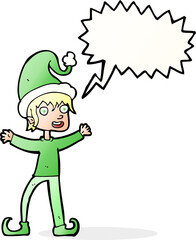 cartoon excited christmas elf with speech bubble