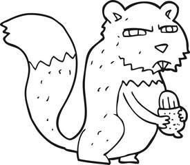 black and white cartoon angry squirrel with nut