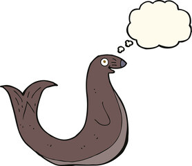 cartoon happy seal with thought bubble