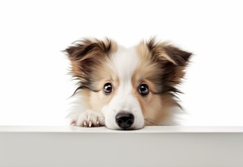 Adorable Shetland Sheepdog Puppy Peeking Out from Behind White Table with Copy Space, Isolated on White Background. Generative AI.