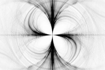 Black pattern of curved waves and rays on a white background. Abstract fractal 3D rendering