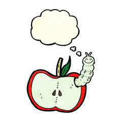 cartoon apple with bug with thought bubble