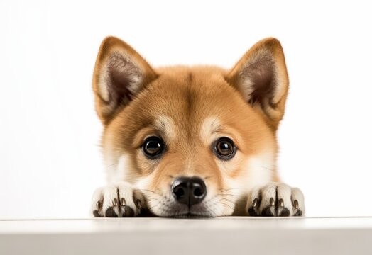 Adorable Shiba Inu Puppy Peeking Out from Behind White Table with Copy Space, Isolated on White Background. Generative AI.