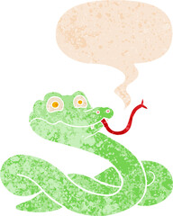 cartoon snake and speech bubble in retro textured style