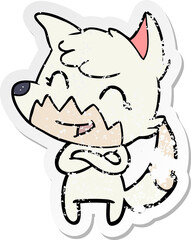 distressed sticker of a happy cartoon fox