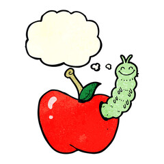 cartoon bug eating apple with thought bubble